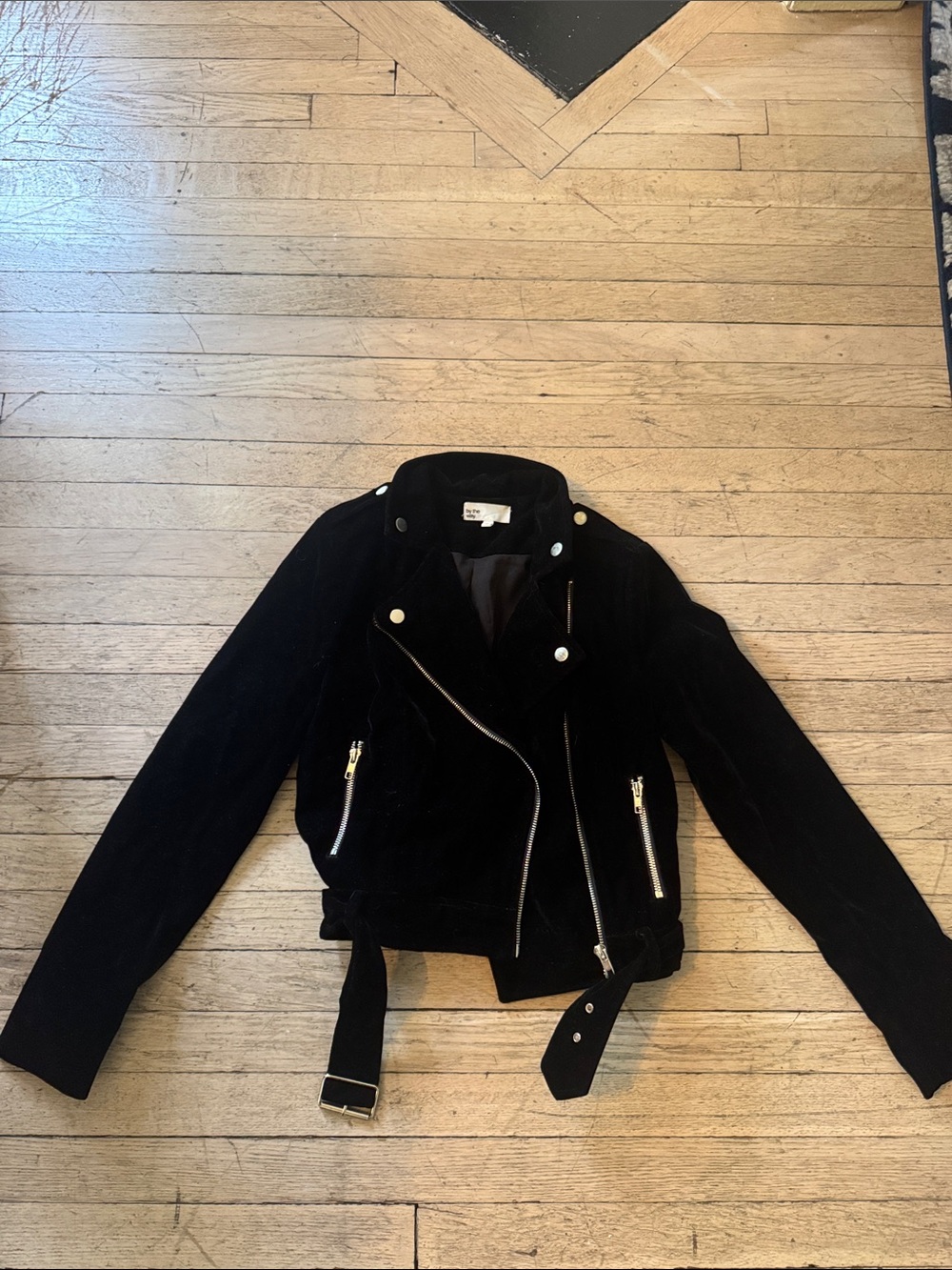 by the way. Black Velvet Moto Jacket with Belt Accents